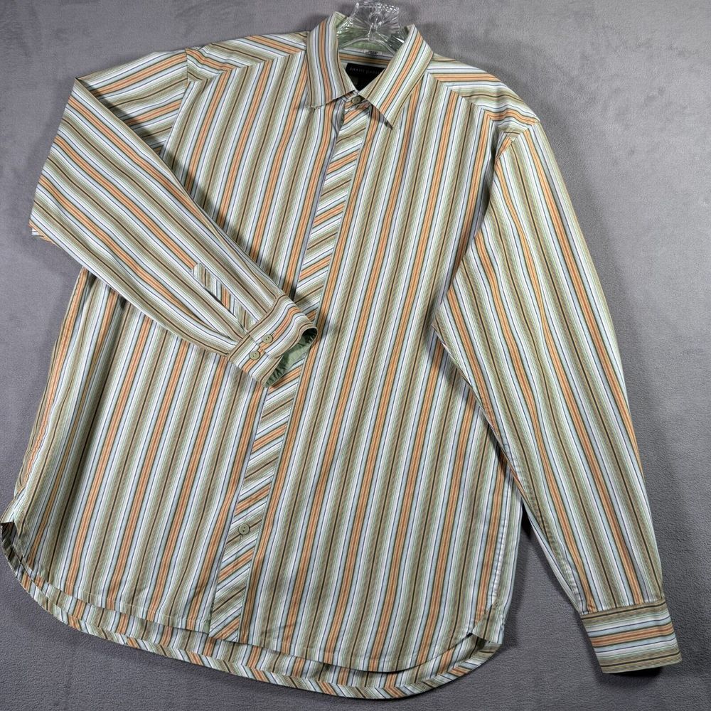 Jhane Barnes‎ Shirt Mens L Green Peach Striped Button Up Long Sleeve Flip Cuff